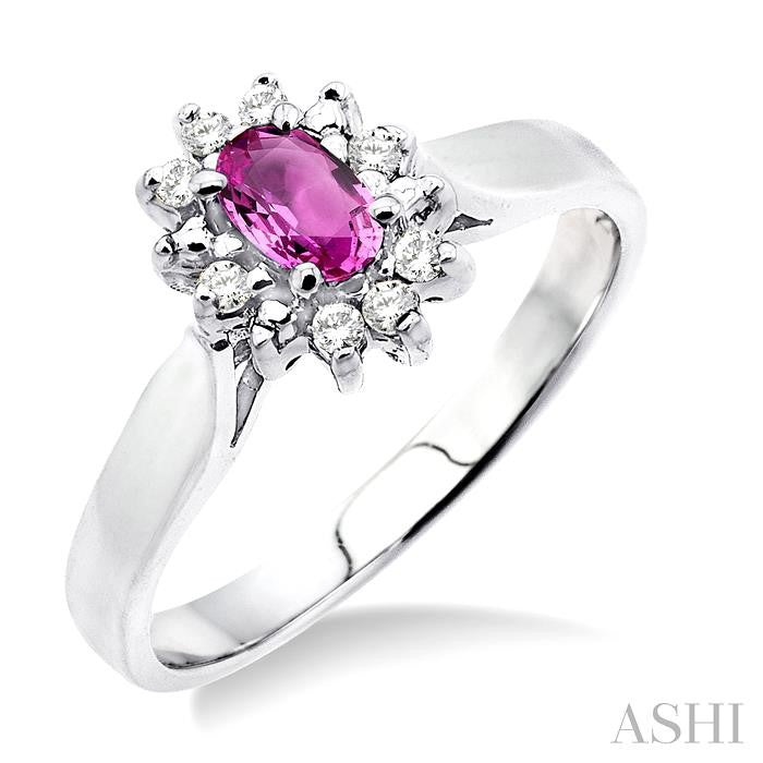 5x3mm Oval Cut Pink Sapphire and 1/10 Ctw Round Cut Diamond Ring in 10K White Gold