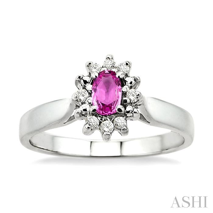 5x3mm Oval Cut Pink Sapphire and 1/10 Ctw Round Cut Diamond Ring in 10K White Gold