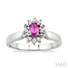 5x3mm Oval Cut Pink Sapphire and 1/10 Ctw Round Cut Diamond Ring in 10K White Gold