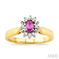 5x3mm Oval Cut Pink Sapphire and 1/10 Ctw Round Cut Diamond Ring in 10K Yellow Gold