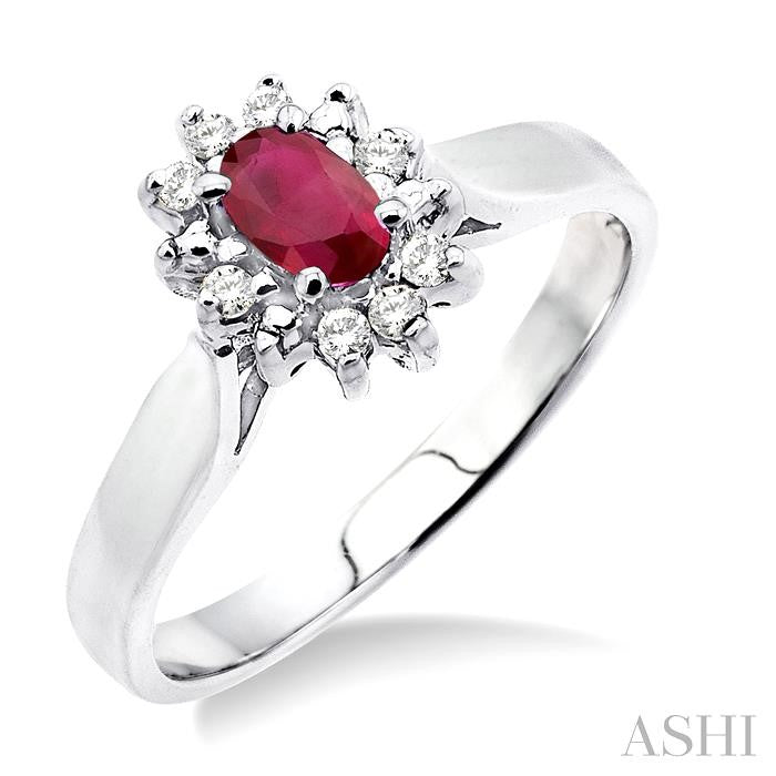 5x3mm Oval Cut Ruby and 1/10 Ctw Round Cut Diamond Ring in 10K White Gold