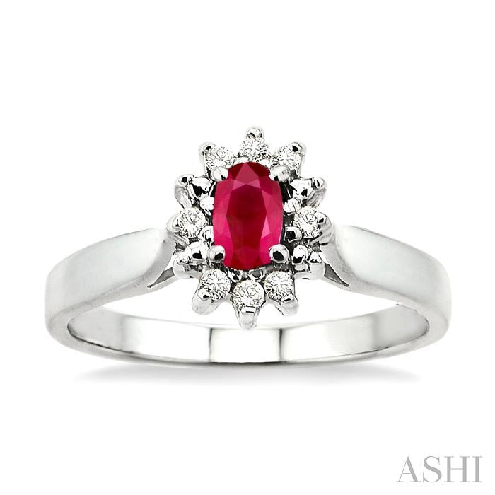 5x3mm Oval Cut Ruby and 1/10 Ctw Round Cut Diamond Ring in 10K White Gold