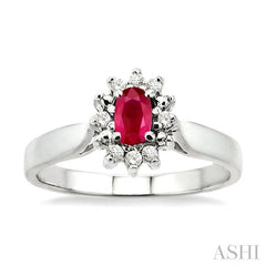 5x3mm Oval Cut Ruby and 1/10 Ctw Round Cut Diamond Ring in 10K White Gold