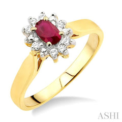 5x3mm Oval Cut Ruby and 1/10 Ctw Round Cut Diamond Ring in 10K Yellow Gold