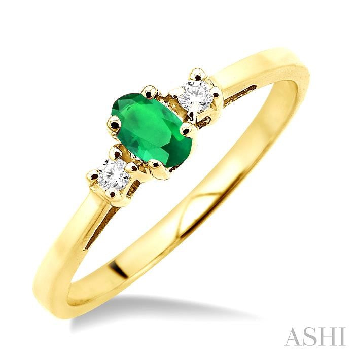 5x3 MM Oval Cut Emerald and 1/20 Ctw Round Cut Diamond Ring in 10K Yellow Gold