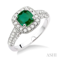 6x6 MM Cushion Cut Emerald and 7/8 Ctw Round Cut Diamond Precious Ring in 14K White Gold