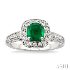 6x6 MM Cushion Cut Emerald and 7/8 Ctw Round Cut Diamond Precious Ring in 14K White Gold