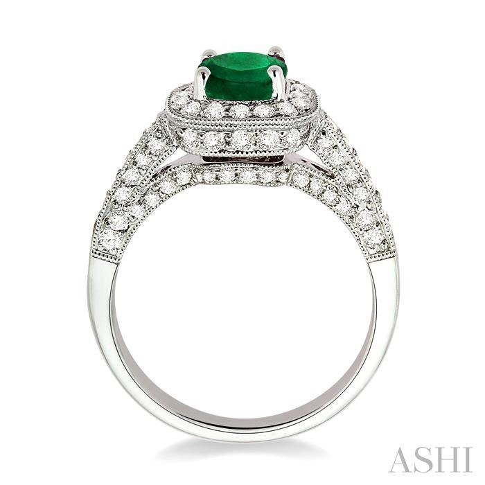 6x6 MM Cushion Cut Emerald and 7/8 Ctw Round Cut Diamond Precious Ring in 14K White Gold