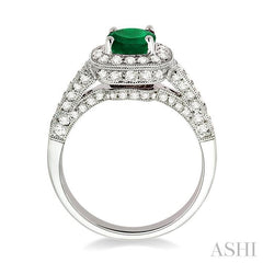 6x6 MM Cushion Cut Emerald and 7/8 Ctw Round Cut Diamond Precious Ring in 14K White Gold