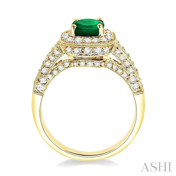 6x6 MM Cushion Cut Emerald and 7/8 Ctw Round Cut Diamond Precious Ring in 14K Yellow Gold