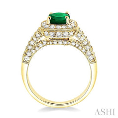 6x6 MM Cushion Cut Emerald and 7/8 Ctw Round Cut Diamond Precious Ring in 14K Yellow Gold