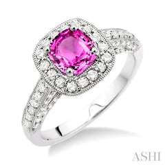 6x6 MM Cushion Cut Pink Sapphire and 7/8 Ctw Round Cut Diamond Precious Ring in 14K White Gold