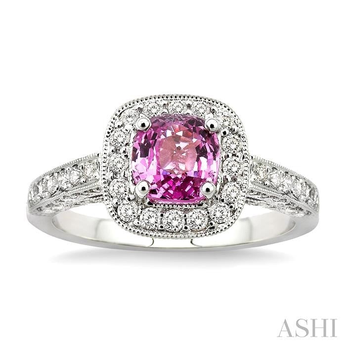 6x6 MM Cushion Cut Pink Sapphire and 7/8 Ctw Round Cut Diamond Precious Ring in 14K White Gold