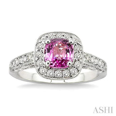 6x6 MM Cushion Cut Pink Sapphire and 7/8 Ctw Round Cut Diamond Precious Ring in 14K White Gold