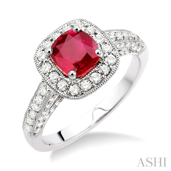 6x6 MM Cushion Cut Ruby and 7/8 Ctw Round Cut Diamond Precious Ring in 14K White Gold