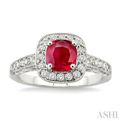 6x6 MM Cushion Cut Ruby and 7/8 Ctw Round Cut Diamond Precious Ring in 14K White Gold