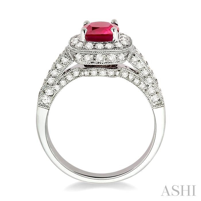 6x6 MM Cushion Cut Ruby and 7/8 Ctw Round Cut Diamond Precious Ring in 14K White Gold