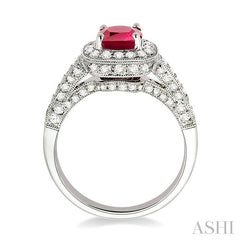 6x6 MM Cushion Cut Ruby and 7/8 Ctw Round Cut Diamond Precious Ring in 14K White Gold