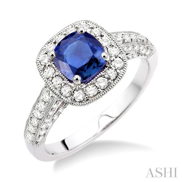 6x6 MM Cushion Cut Sapphire and 7/8 Ctw Round Cut Diamond Precious Ring in 14K White Gold