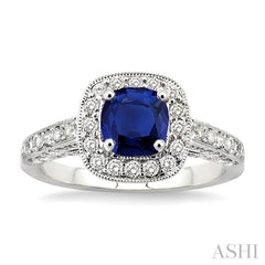 6x6 MM Cushion Cut Sapphire and 7/8 Ctw Round Cut Diamond Precious Ring in 14K White Gold