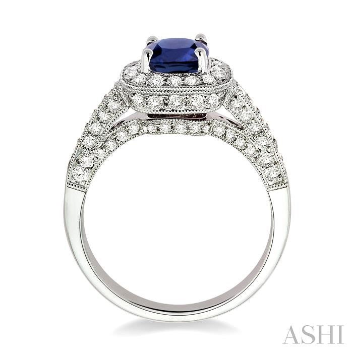 6x6 MM Cushion Cut Sapphire and 7/8 Ctw Round Cut Diamond Precious Ring in 14K White Gold