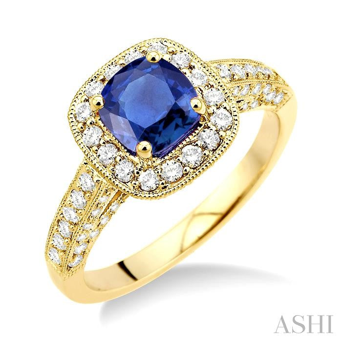 6x6 MM Cushion Cut Sapphire and 7/8 Ctw Round Cut Diamond Precious Ring in 14K Yellow Gold