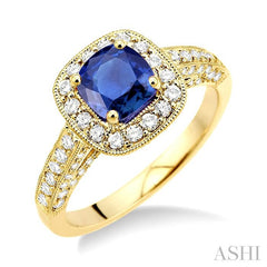 6x6 MM Cushion Cut Sapphire and 7/8 Ctw Round Cut Diamond Precious Ring in 14K Yellow Gold