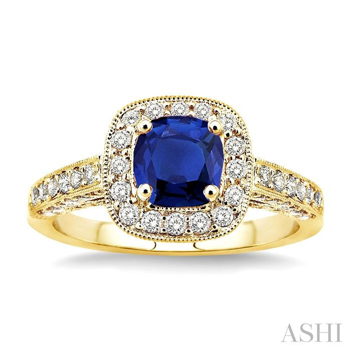 6x6 MM Cushion Cut Sapphire and 7/8 Ctw Round Cut Diamond Precious Ring in 14K Yellow Gold