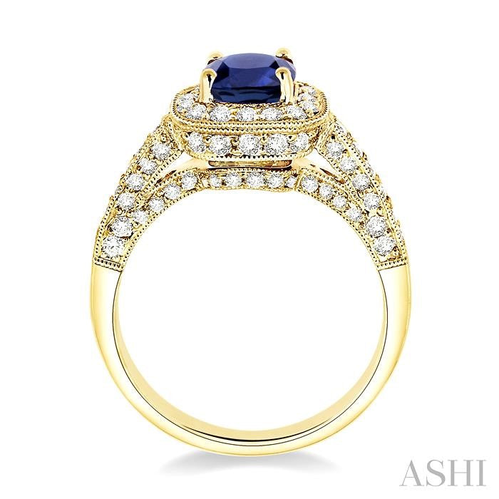6x6 MM Cushion Cut Sapphire and 7/8 Ctw Round Cut Diamond Precious Ring in 14K Yellow Gold