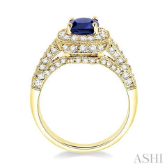 6x6 MM Cushion Cut Sapphire and 7/8 Ctw Round Cut Diamond Precious Ring in 14K Yellow Gold