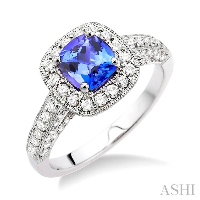 6x6 MM Cushion Cut Tanzanite and 7/8 Ctw Round Cut Diamond Precious Ring in 14K White Gold
