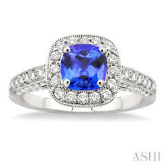 6x6 MM Cushion Cut Tanzanite and 7/8 Ctw Round Cut Diamond Precious Ring in 14K White Gold