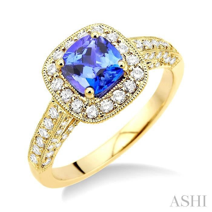 6x6 MM Cushion Cut Tanzanite and 7/8 Ctw Round Cut Diamond Precious Ring in 14K Yellow Gold