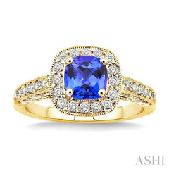 6x6 MM Cushion Cut Tanzanite and 7/8 Ctw Round Cut Diamond Precious Ring in 14K Yellow Gold