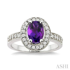 8x6 MM Oval Cut Amethyst and 1/3 Ctw Round Cut Diamond Ring in 14K White Gold