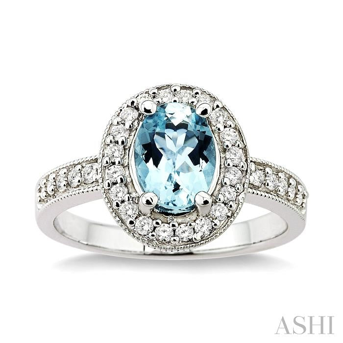 8x6mm Oval Cut Aquamarine and 1/3 Ctw Round Cut Diamond Ring in 14K White Gold