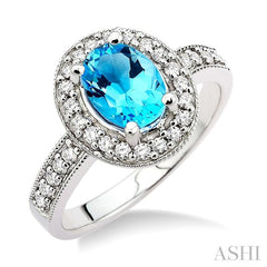 8x6 MM Oval Cut Blue Topaz and 1/3 Ctw Round Cut Diamond Ring in 14K White Gold