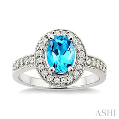 8x6 MM Oval Cut Blue Topaz and 1/3 Ctw Round Cut Diamond Ring in 14K White Gold