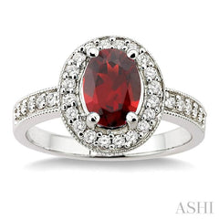 8x6mm Oval Cut Garnet and 1/3 Ctw Round Cut Diamond Ring in 14K White Gold