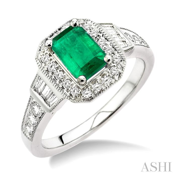 7x5 MM Emerald Shape Emerald and 1/2 Ctw Round & Baguette Cut Diamond Ring in 14K White Gold