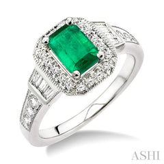 7x5 MM Emerald Shape Emerald and 1/2 Ctw Round & Baguette Cut Diamond Ring in 14K White Gold