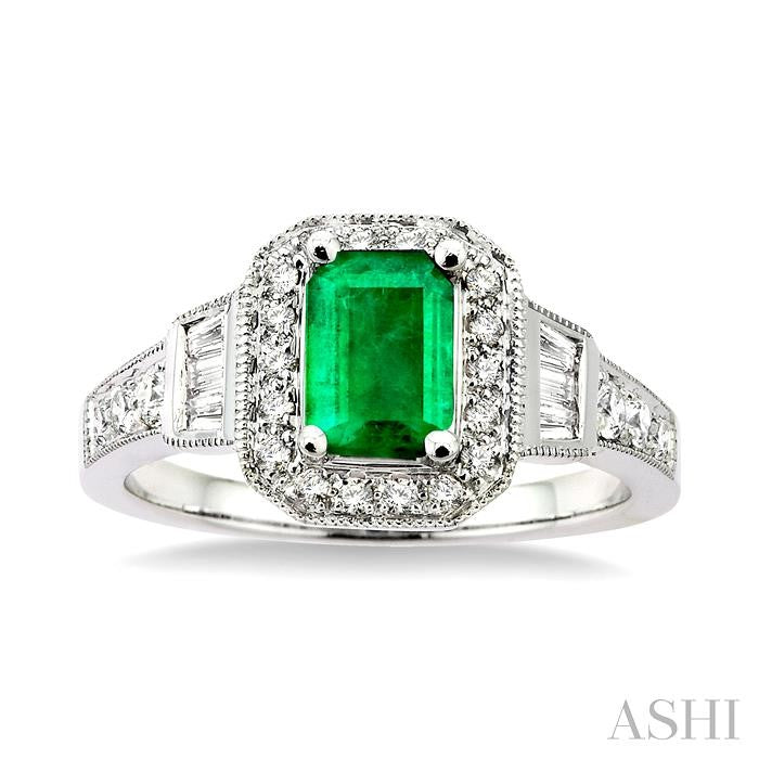 7x5 MM Emerald Shape Emerald and 1/2 Ctw Round & Baguette Cut Diamond Ring in 14K White Gold