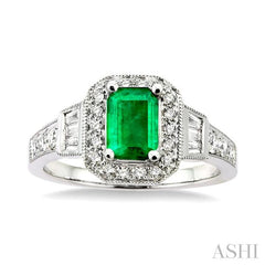 7x5 MM Emerald Shape Emerald and 1/2 Ctw Round & Baguette Cut Diamond Ring in 14K White Gold
