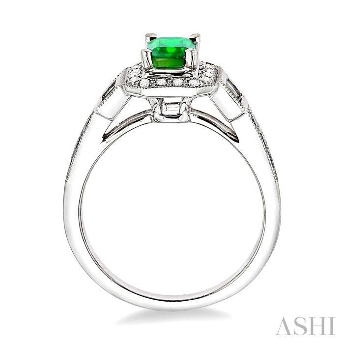 7x5 MM Emerald Shape Emerald and 1/2 Ctw Round & Baguette Cut Diamond Ring in 14K White Gold