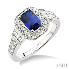 7x5 MM Emerald Shape Sapphire and 1/2 Ctw Round & Baguette Cut Diamond Ring in 14K White Gold