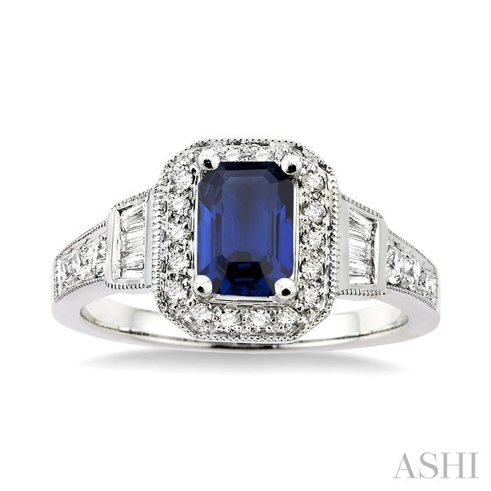 7x5 MM Emerald Shape Sapphire and 1/2 Ctw Round & Baguette Cut Diamond Ring in 14K White Gold