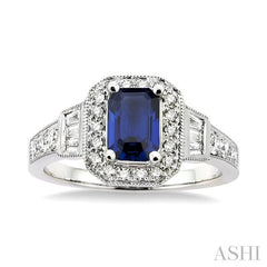 7x5 MM Emerald Shape Sapphire and 1/2 Ctw Round & Baguette Cut Diamond Ring in 14K White Gold