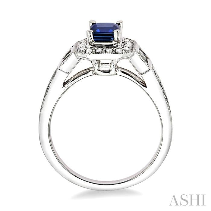 7x5 MM Emerald Shape Sapphire and 1/2 Ctw Round & Baguette Cut Diamond Ring in 14K White Gold