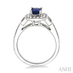 7x5 MM Emerald Shape Sapphire and 1/2 Ctw Round & Baguette Cut Diamond Ring in 14K White Gold