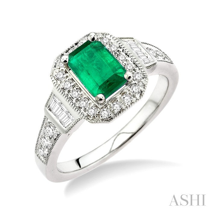 6x4 MM Emerald Shape Emerald and 1/4 Ctw Round and Baguette Cut Diamond Ring in 14K White Gold